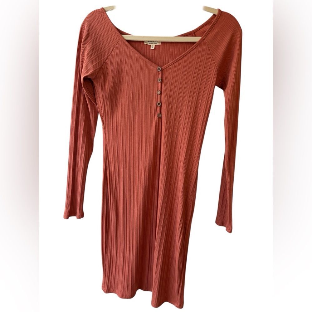 Large Heart & Hips Ribbed V Neck Bodycon Oat Coral Peach Long Sleeve